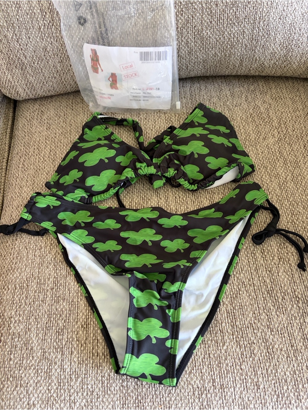 Women’s Black Bikini with Green Clover Print - Stylish Two-Piece Swim Set